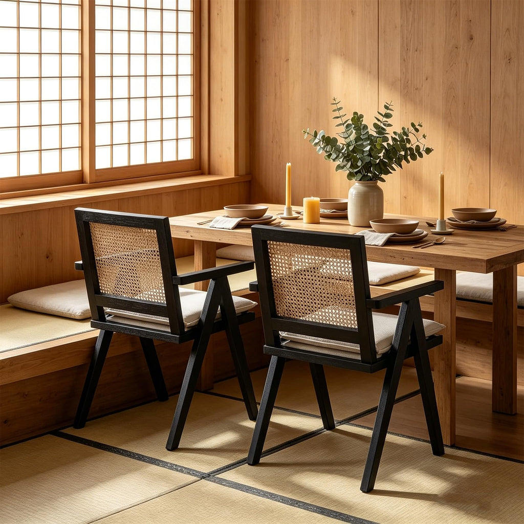 Novastra Modern Mid Century Accent Chairs Set of 2, Rattan Cane Back Dining Chairs with Removable Linen Upholstered Dining Chairs for Kitchen Restaurant