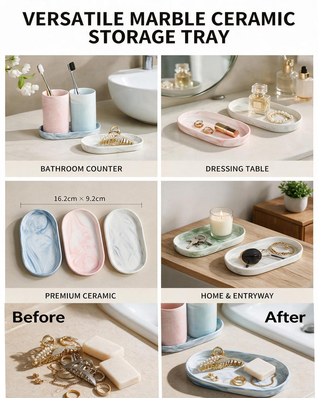 Ceramic Vanity Tray, 6.4 x 3.6 Inch Oval Bathroom Trinket Makeup Divider
