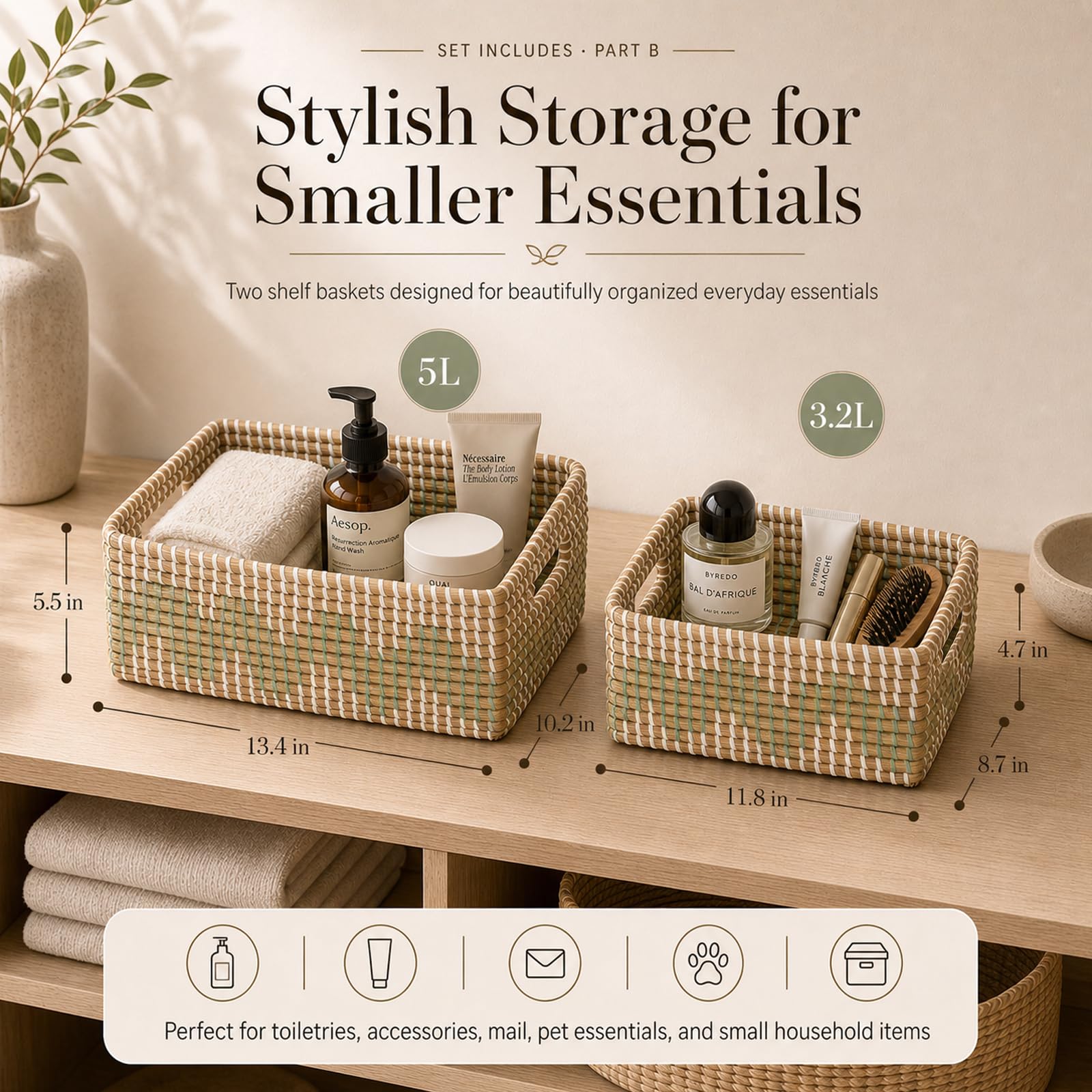 4 Pack Handmade Seagrass Storage Basket Set, 2 Oval Lidded Laundry Hampers & 2 Rectangular Bins with Handles, 3.2-53L Capacity, Natural Woven Organizer for Bedroom Laundry, 95.7L Total