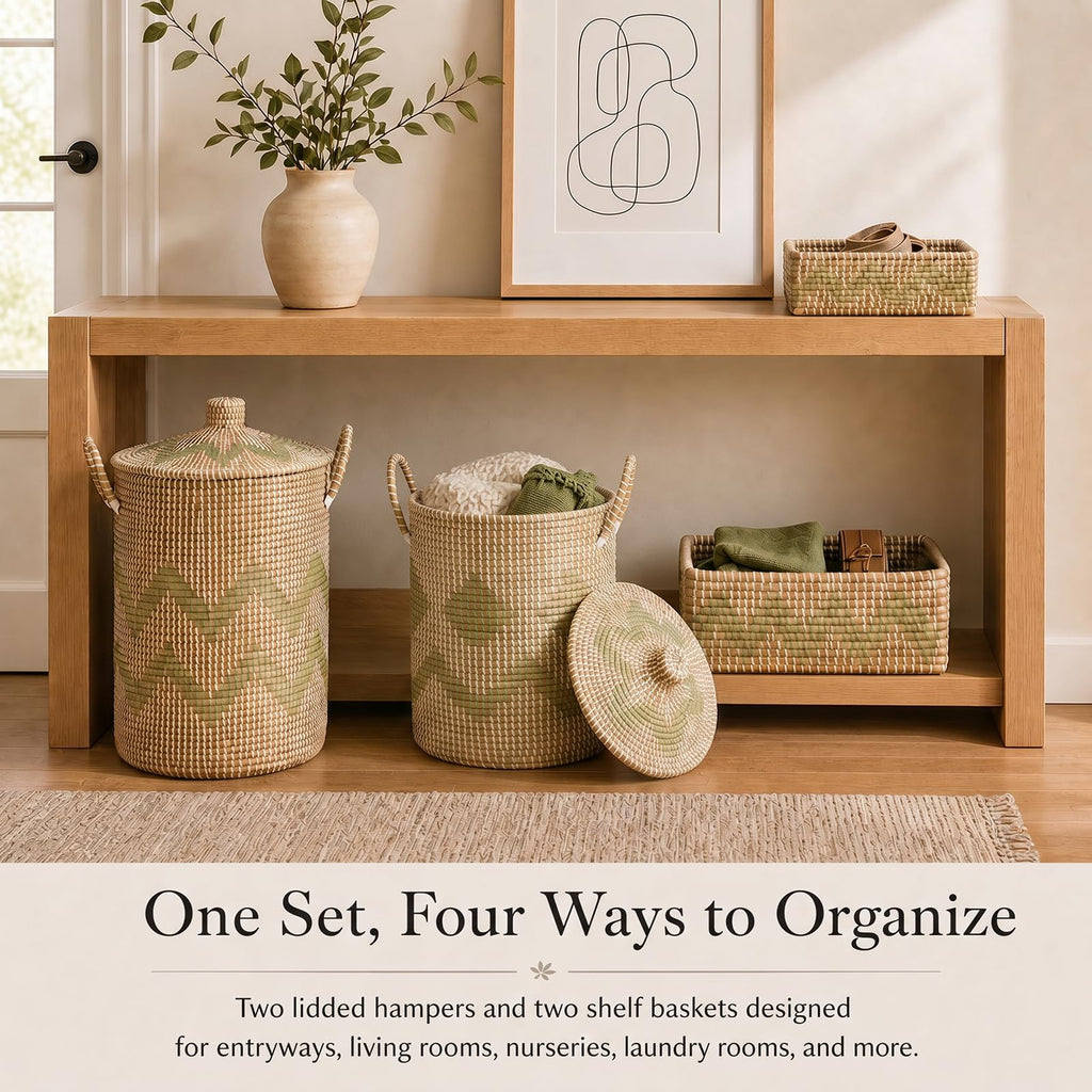 4 Pack Handmade Seagrass Storage Basket Set, 2 Oval Lidded Laundry Hampers & 2 Rectangular Bins with Handles, 3.2-53L Capacity, Natural Woven Organizer for Bedroom Laundry, 95.7L Total