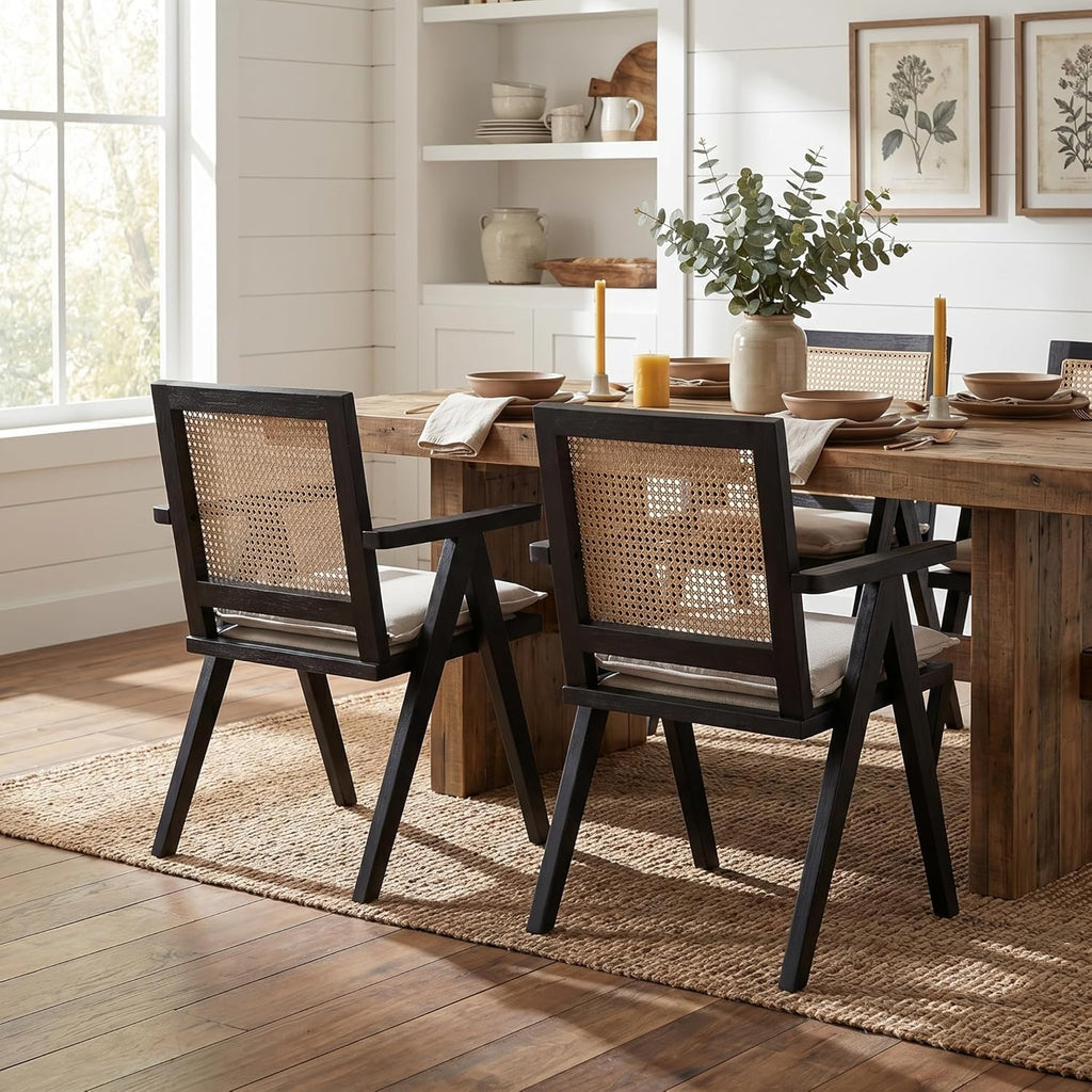 Novastra Modern Mid Century Accent Chairs Set of 2, Rattan Cane Back Dining Chairs with Removable Linen Upholstered Dining Chairs for Kitchen Restaurant