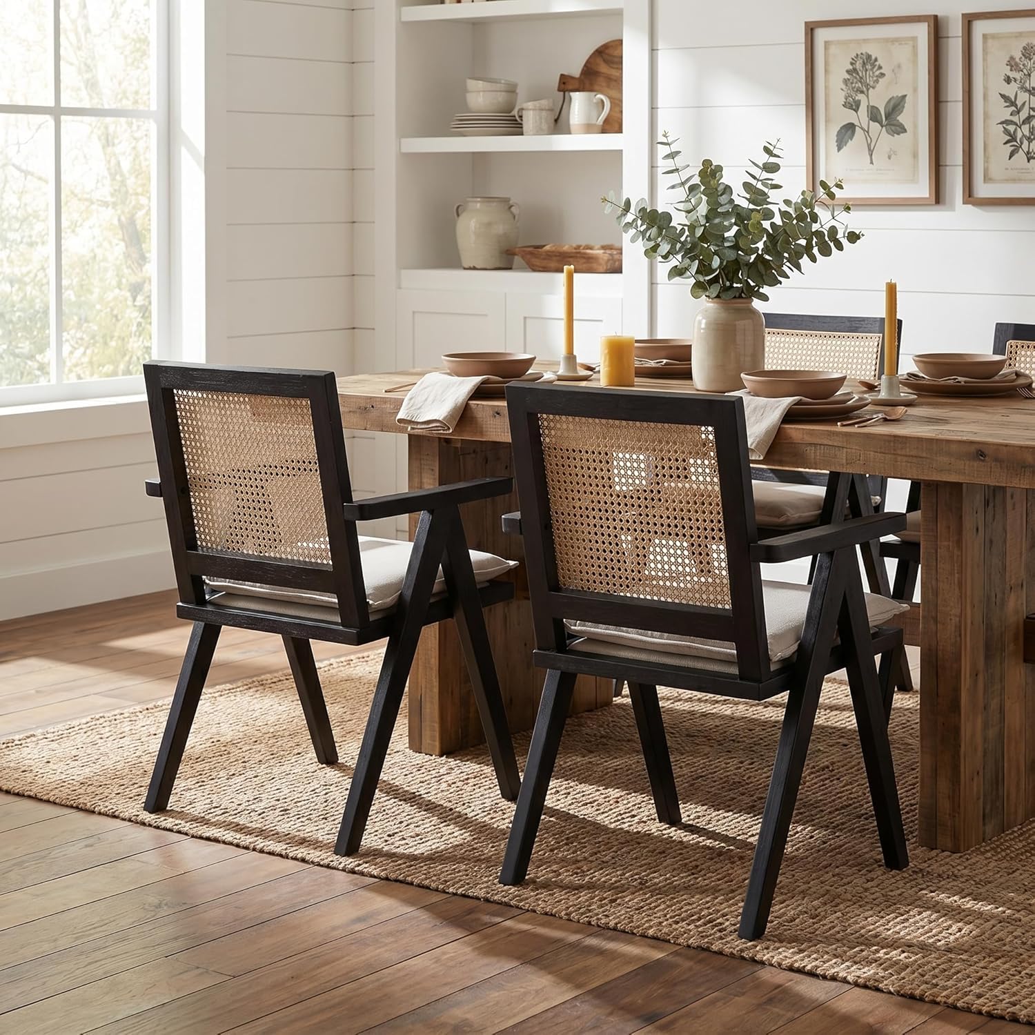 Novastra Modern Mid Century Accent Chairs Set of 2, Rattan Cane Back Dining Chairs with Removable Linen Upholstered Dining Chairs for Kitchen Restaurant