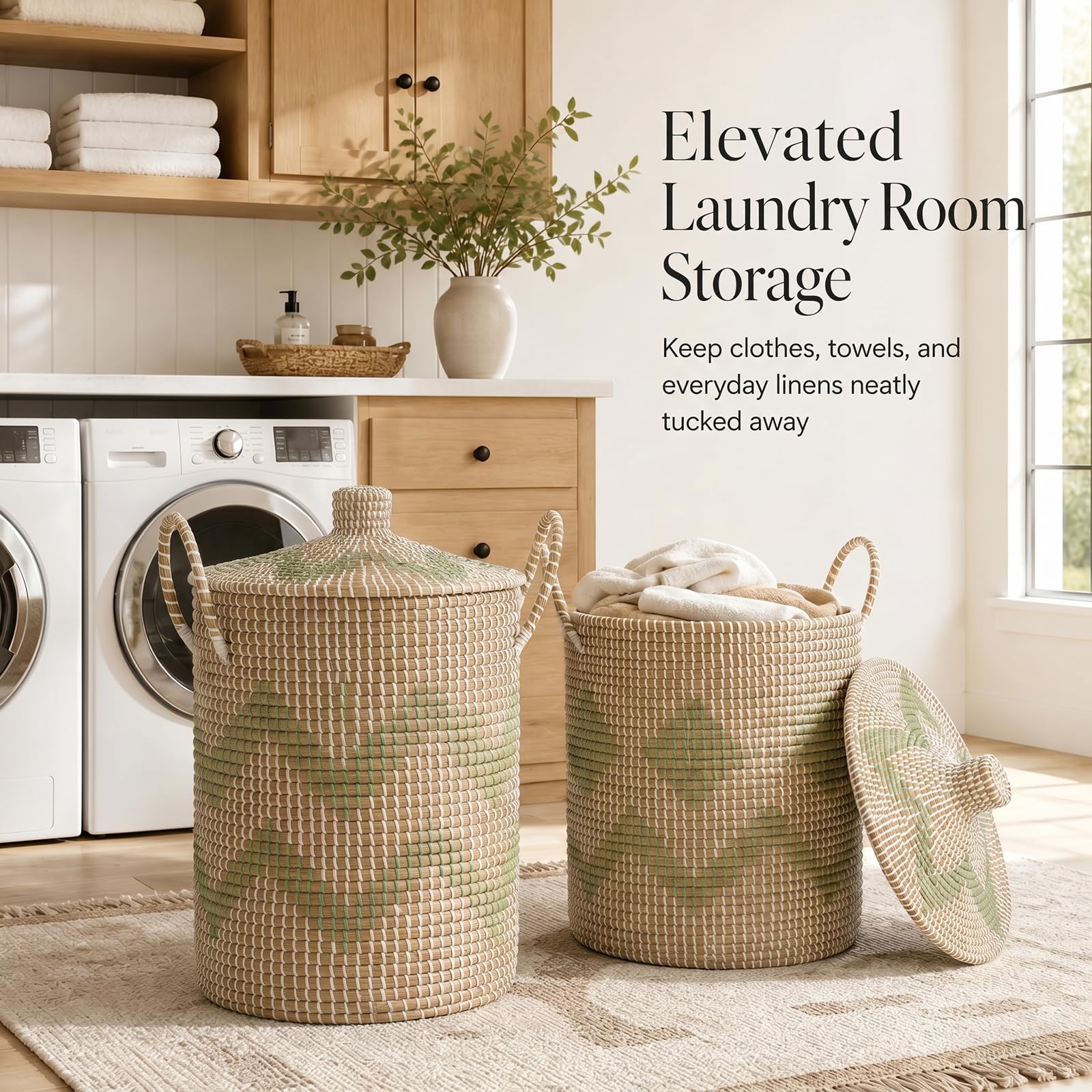 4 Pack Handmade Seagrass Storage Basket Set, 2 Oval Lidded Laundry Hampers & 2 Rectangular Bins with Handles, 3.2-53L Capacity, Natural Woven Organizer for Bedroom Laundry, 95.7L Total