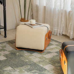 Square Leather and Wood Footstool Ottoman