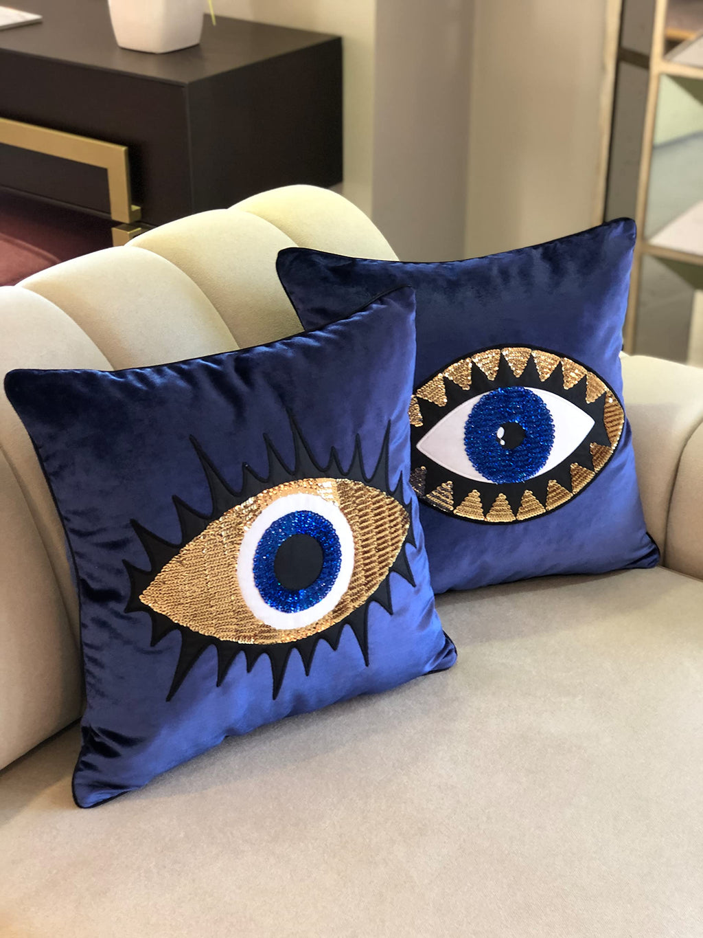 GELIVING Throw Pillow Set - Evil Eye Throw Pillows - Midnight Blue Accent Pillows - Home Decor Velvet Cushions - Amulet Protection Against Misfortune