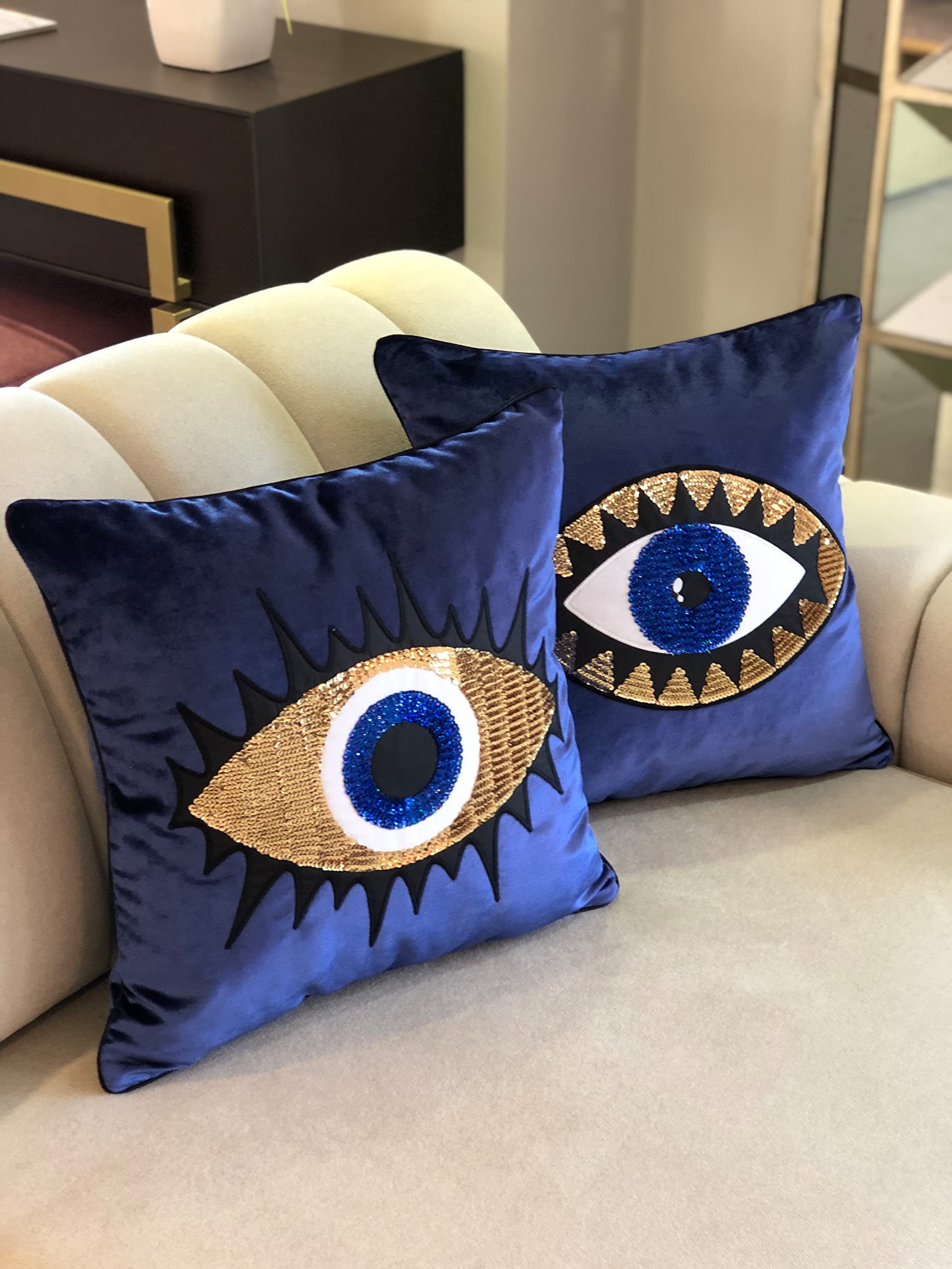 GELIVING Throw Pillow Set - Evil Eye Throw Pillows - Midnight Blue Accent Pillows - Home Decor Velvet Cushions - Amulet Protection Against Misfortune