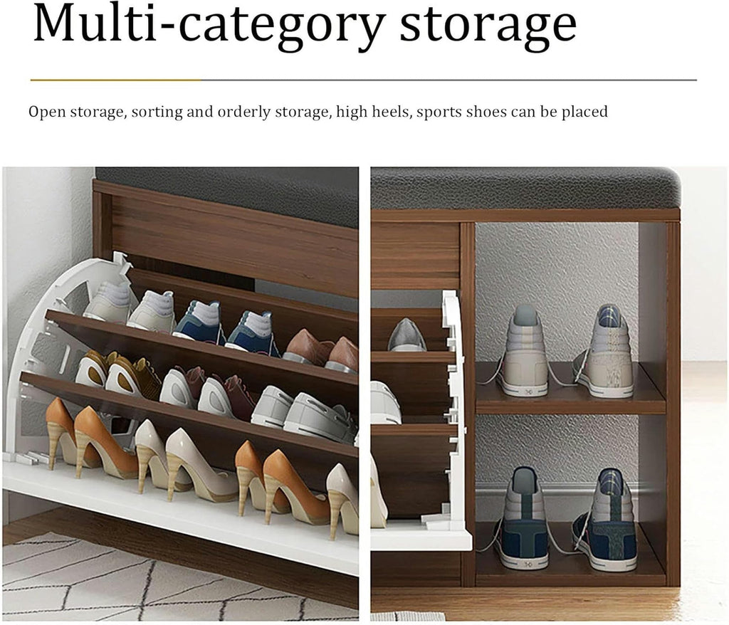 Modern Wooden Shoe Storage Bench with Hidden Rack, Cushioned PU Seat, Multi-Purpose Entryway, Stylish Shoe Cabinet for Home, 1pc
