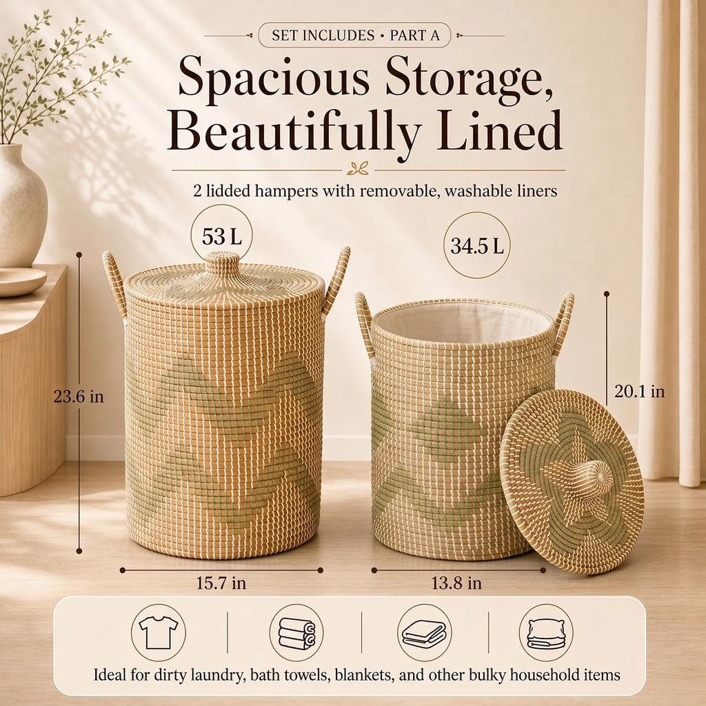 4 Pack Handmade Seagrass Storage Basket Set, 2 Oval Lidded Laundry Hampers & 2 Rectangular Bins with Handles, 3.2-53L Capacity, Natural Woven Organizer for Bedroom Laundry, 95.7L Total