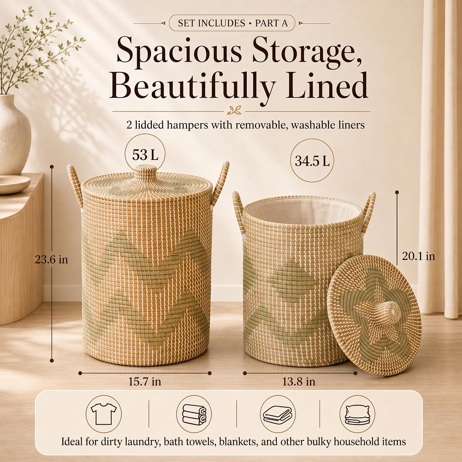 4 Pack Handmade Seagrass Storage Basket Set, 2 Oval Lidded Laundry Hampers & 2 Rectangular Bins with Handles, 3.2-53L Capacity, Natural Woven Organizer for Bedroom Laundry, 95.7L Total