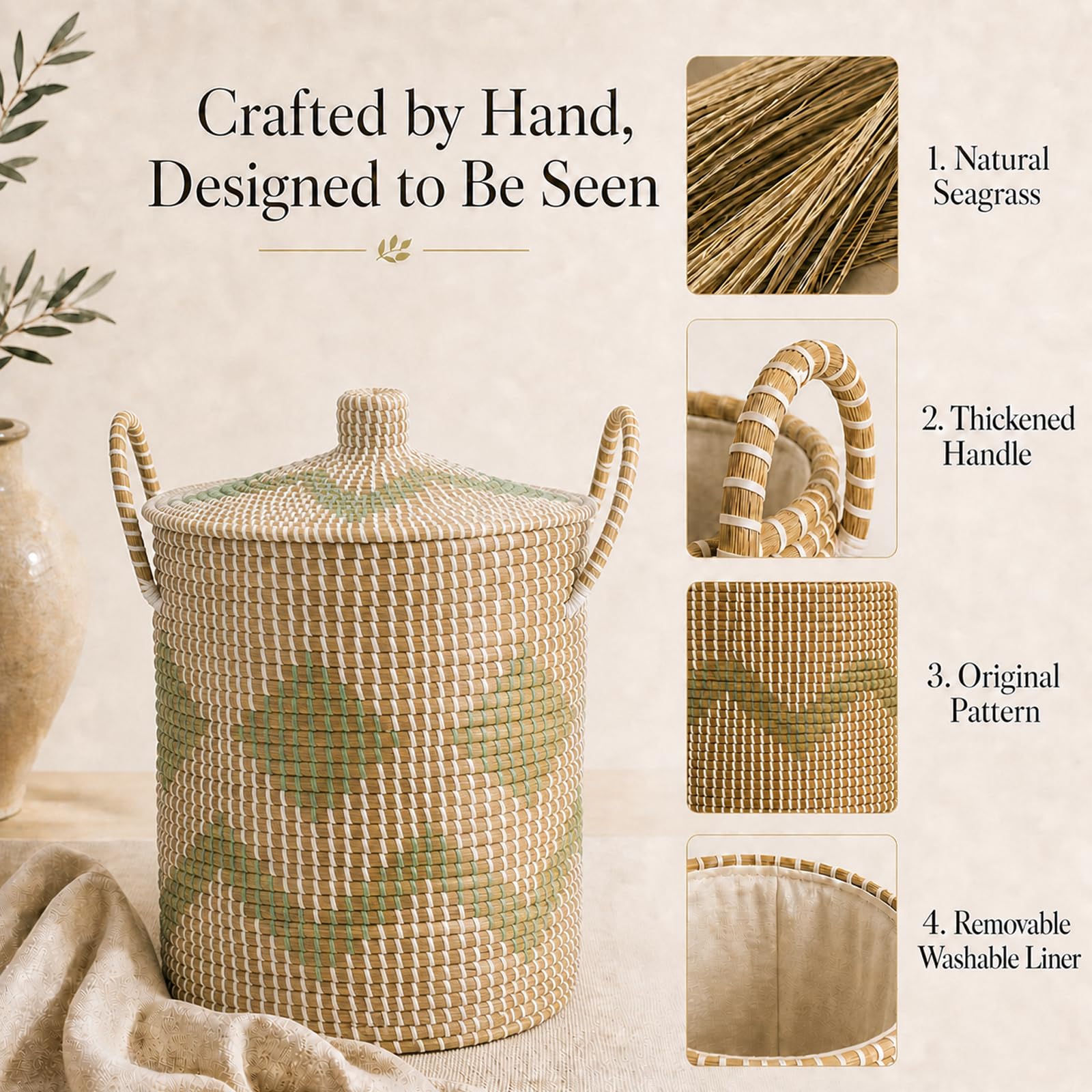 4 Pack Handmade Seagrass Storage Basket Set, 2 Oval Lidded Laundry Hampers & 2 Rectangular Bins with Handles, 3.2-53L Capacity, Natural Woven Organizer for Bedroom Laundry, 95.7L Total