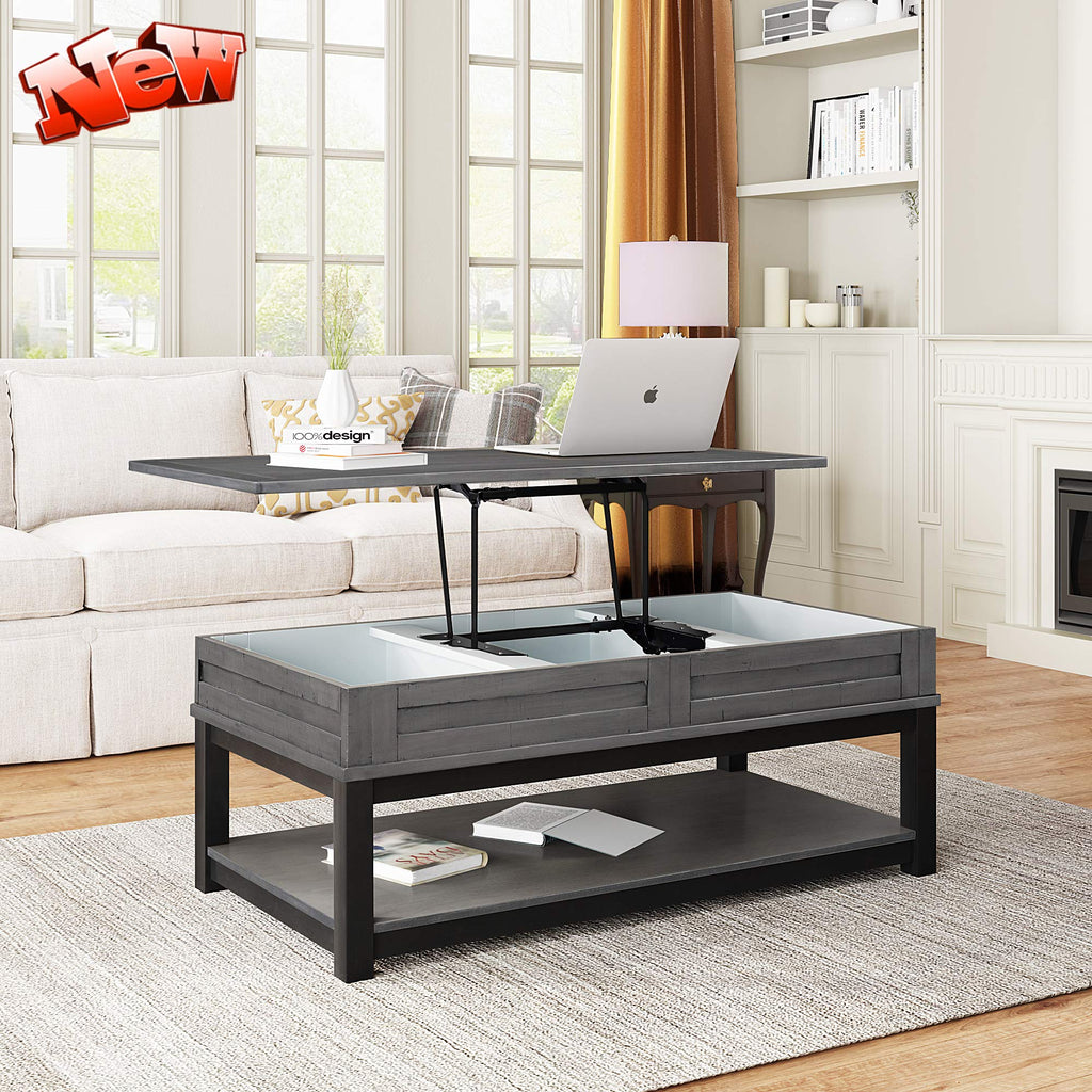 Best Farmhouse Style Lift Top Coffee Table with Hidden Storage Compartment and Open Shelf, Rustic Lift Tabletop Cocktail Table for Living Room, Thicken Wood/Stronger Metal Frame (Grey) (Grey)