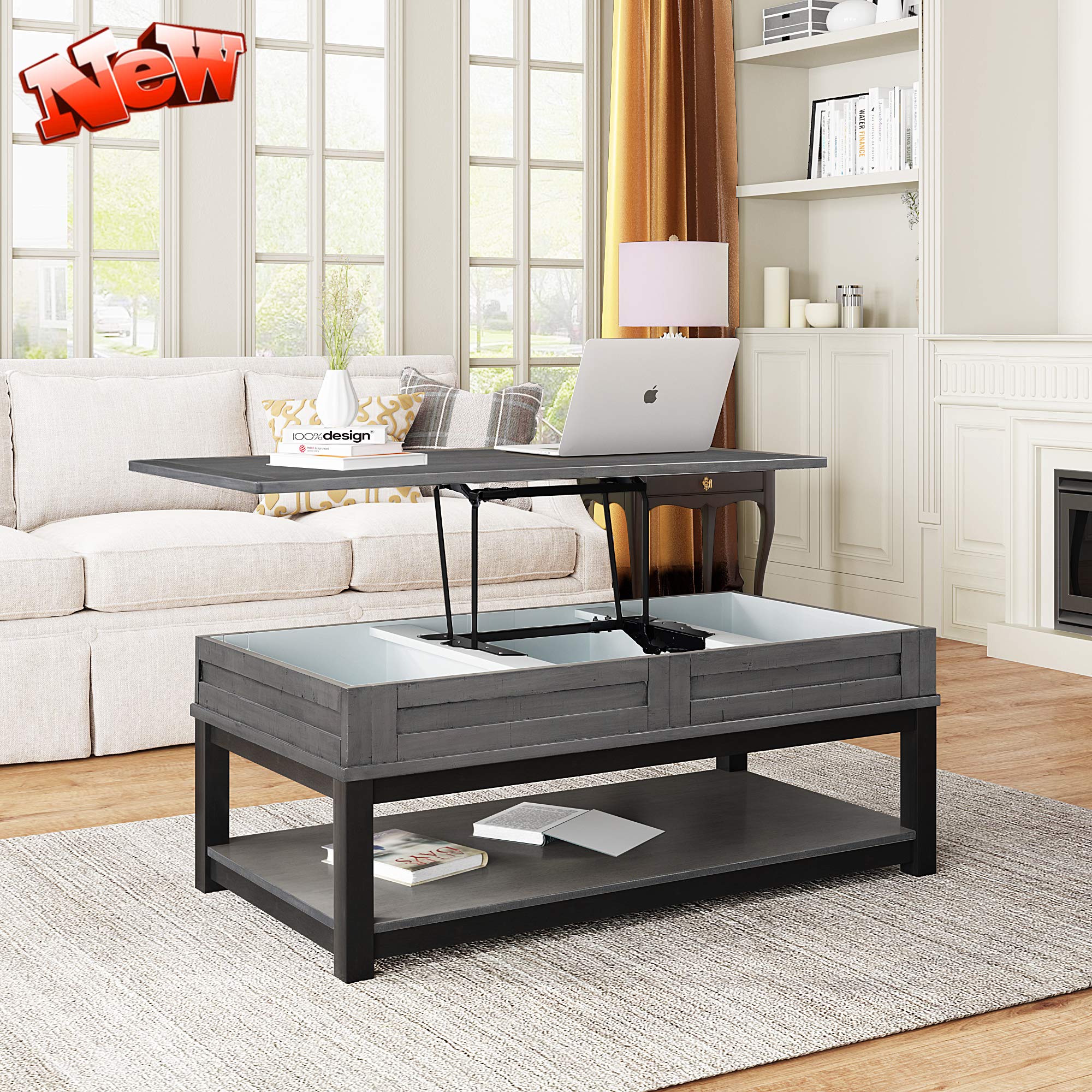 Best Farmhouse Style Lift Top Coffee Table with Hidden Storage Compartment and Open Shelf, Rustic Lift Tabletop Cocktail Table for Living Room, Thicken Wood/Stronger Metal Frame (Grey) (Grey)