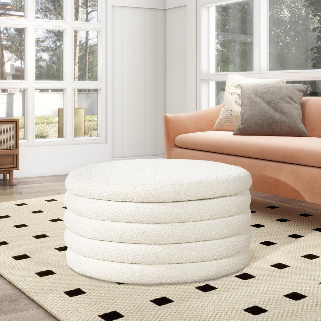 36" Round Upholstered Storage Cocktail Ottoman, Ivory White Boucle