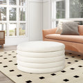 36" Round Upholstered Storage Cocktail Ottoman, Ivory White Boucle