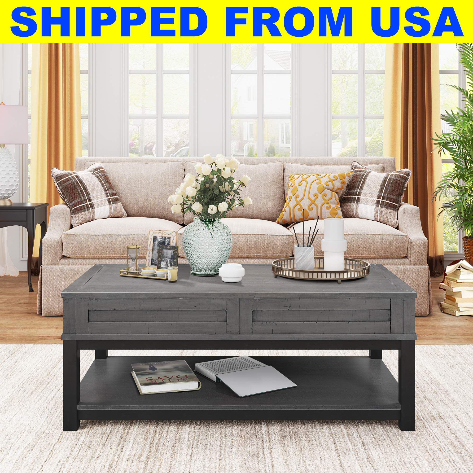 Best Farmhouse Style Lift Top Coffee Table with Hidden Storage Compartment and Open Shelf, Rustic Lift Tabletop Cocktail Table for Living Room, Thicken Wood/Stronger Metal Frame (Grey) (Grey)