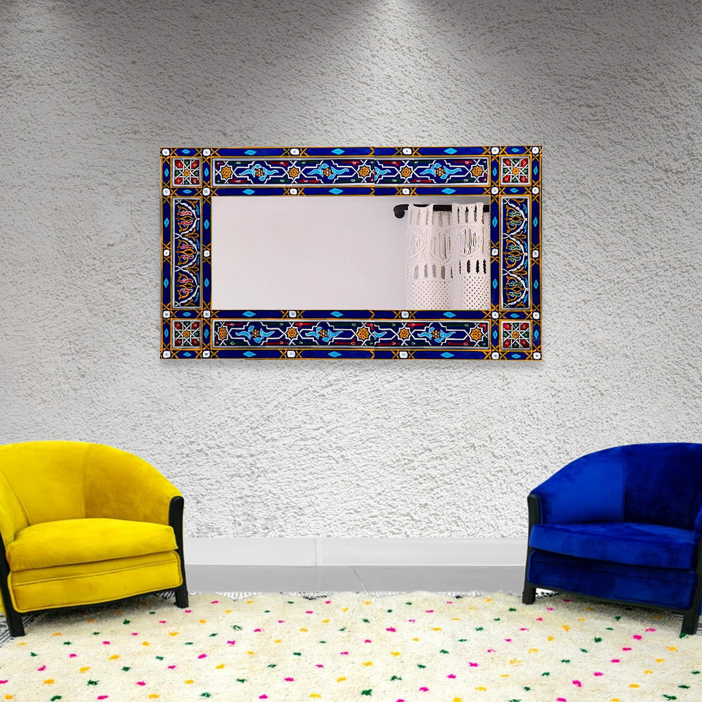 Navy Blue Moroccan mirror, 75" x 32" Farmhouse horizontal mirror, Large wooden mirror, Rustic Bathroom Mirror Frame,Hanging wooden frame, Moroccan hand painted Mirror frame, (Glass not included)