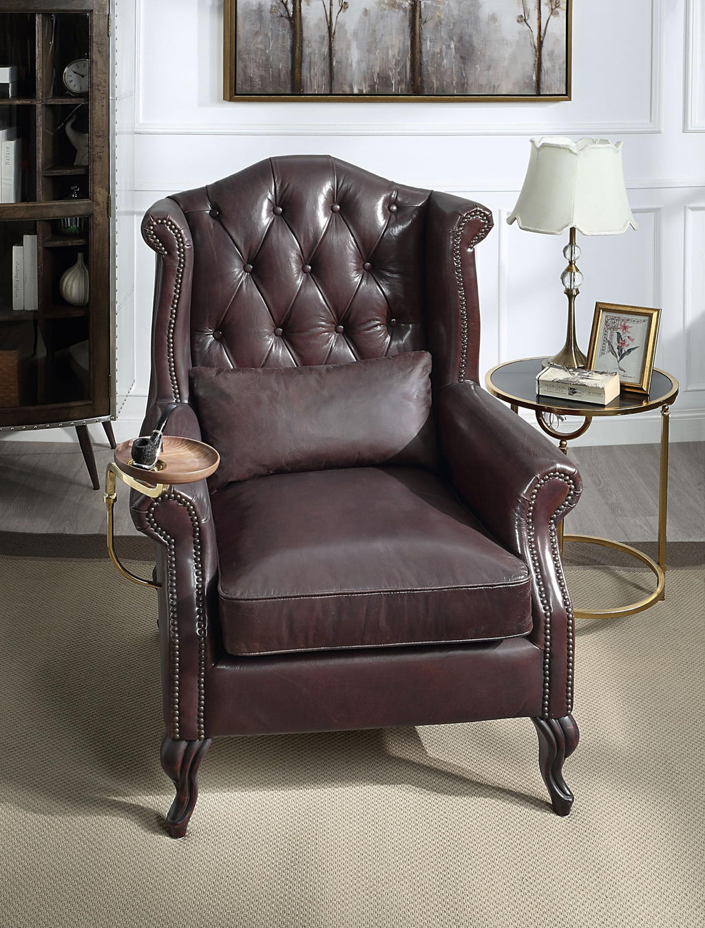Vintage Brown Leather Accent Chair with 1 Toss Pillow