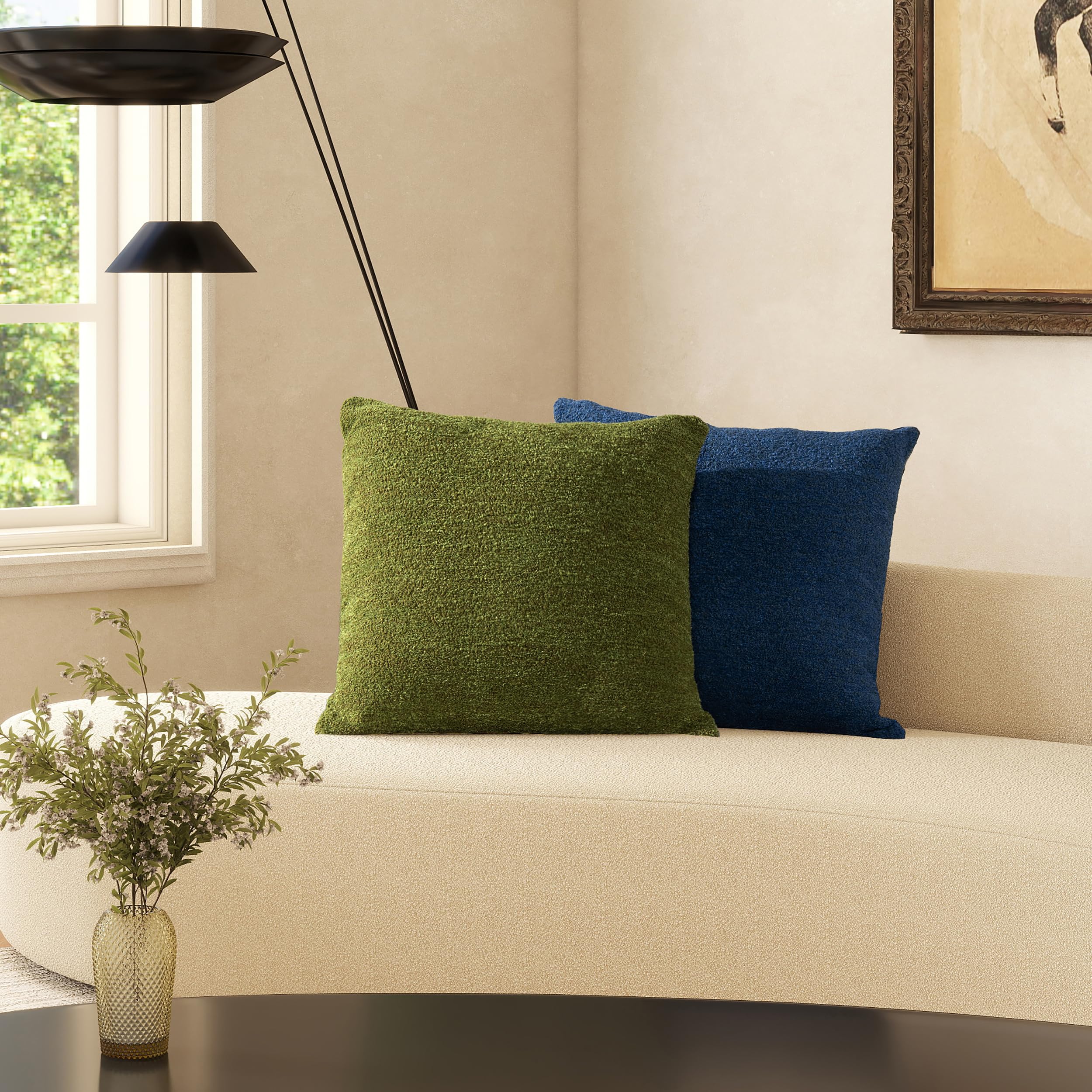 20" Square Accent Throw Pillow Cover with Feather Insert, Moss Green Boucle